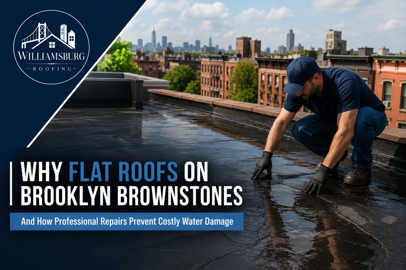 Flat roof leak repair on a Williamsburg brownstone