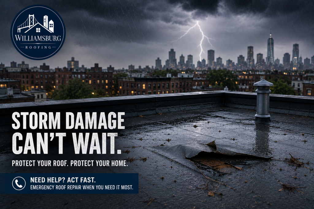 Emergency roof repair after Brooklyn storm damage to a residential roof
