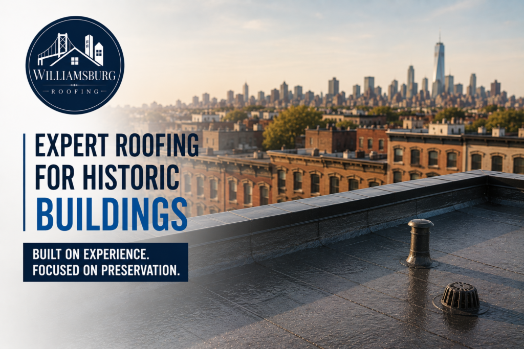 Flat roofing on a historic Williamsburg building in Brooklyn