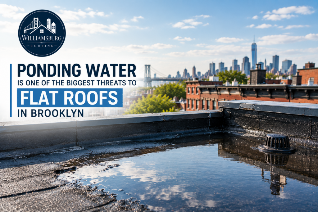 Ponding water collecting on a Brooklyn flat roof after rainfall